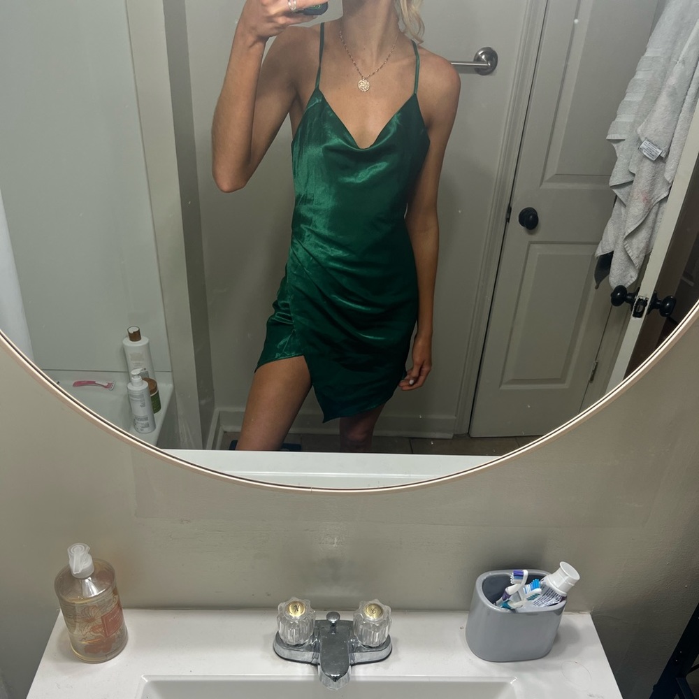 SAINTS + SECRETS GREEN SATIN DRESS